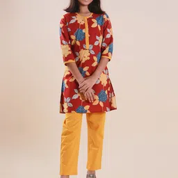 Sangria Girls Red Floral Printed Pure Cotton Straight Kurta With Trouser-picture-42