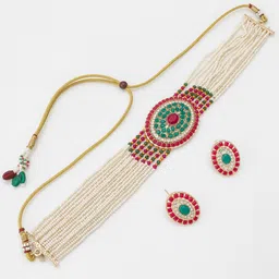 aadita Gold-Plated Pearl Beaded Choker Jewellery Set image 2