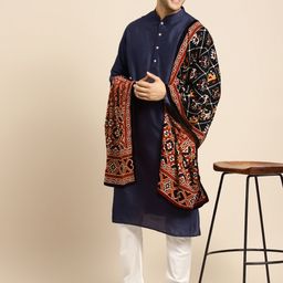 KISAH Men Navy Blue & White Kurta with Churidar & Shawl-picture-18