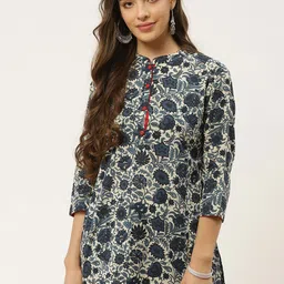 FABRIC FITOOR Blue & Beige Floral Print Mandarin Collar Top-picture-34