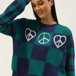 FOREVER 21 Women Teal Green & Purple Checked Pure Cotton Pullover Sweater-picture-39