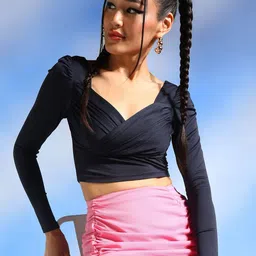 Veni Vidi Vici Navy Blue Sweetheart Neck Puff Sleeves Gathered Fitted Crop Top-picture-16