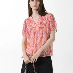 ONLY Onlzaplin Miami Geometric Printed Mandarin Collar Flared Sleeves Pleated Detail Top-picture-52