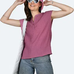 Zink London Self Design Mandarin Collar Extended Sleeves Top-picture-12