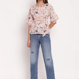 AKIMIA Peach-Coloured Floral Printed Bell Sleeves Crepe Cinched Waist Top image 4