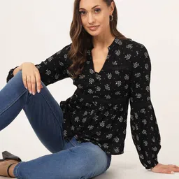 Beatnik Floral Printed Mandarin Collar Puff Sleeves Top image 4
