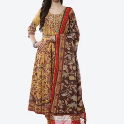 Biba Women Yellow Floral Printed Panelled Kurta with Churidar & With Dupatta image 1