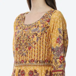 Biba Women Yellow Floral Printed Panelled Kurta with Churidar & With Dupatta image 2