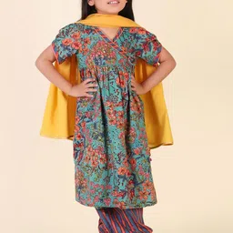 Fabindia Girls Floral Printed Regular Pure Cotton Kurta with Salwar & With Dupatta image 1