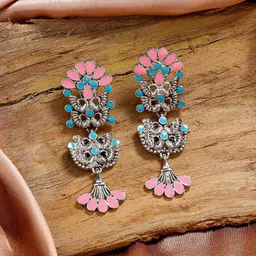 Estele Rhodium-Plated Oxidised Peacock Shaped Drop Earrings-picture-40