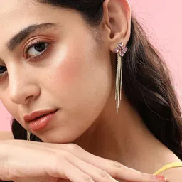 SOHI Gold-Plated Stone-Studded Contemporary Tasselled Drop Earrings image 4