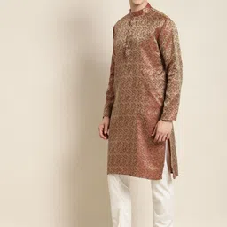 SOJANYA Men Maroon Jacquard Silk Kurta with Churidar image 3