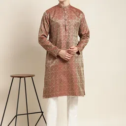 SOJANYA Men Maroon Jacquard Silk Kurta with Churidar image 4