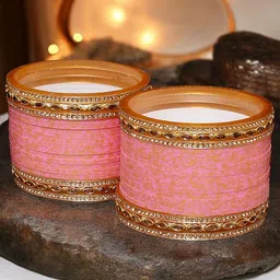 LUCKY JEWELLERY Gold-Toned & Pink & CZ & Kundan Studded Chura Bangle Set image 3
