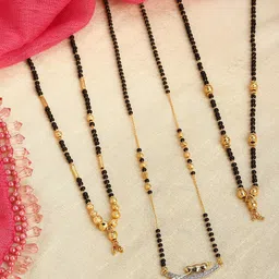 ZENEME Set Of 3 Gold-Plated & Black Beaded AD Studded Mangalsutra-image-15