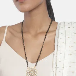 I Jewels White & Gold-Toned Pearl & Kundan Studded Mangalsutra image 2