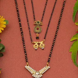Ramdev Art Fashion Jwellery Set Of 3 Gold-Plated Stone-Studded & Beaded Mangalsutras-picture-15