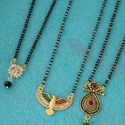 Ramdev Art Fashion Jwellery Set Of 3 Gold-Plated Stone-Studded & Beaded Mangalsutra-image-17