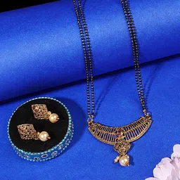 ANIKAS CREATION Women Gold-Plated & Black Beaded Mangalsutra With Earrings-picture-14