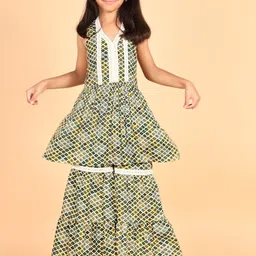 misbis Girls Ethnic Motifs Printed V-Neck Pleated A-Line Kurta with Sharara-picture-31