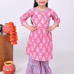 Maaikid Girls Floral Printed Angrakha Gotta Patti Pure Cotton Kurta With Sharara-picture-57