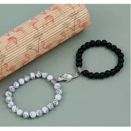 MEENAZ Unisex Set Of 2 Silver-Plated Magnetic Couple Adjustable Elasticated Bracelets-picture-40