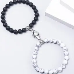 MEENAZ Unisex Set Of 2 Silver-Plated Magnetic Couple Adjustable Elasticated Bracelets-image-6