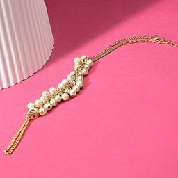 Zaveri Pearls Women Cream-Coloured & Gold-Plated Beaded Ring Bracelet-picture-1