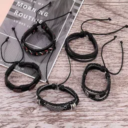 UNIVERSITY TRENDZ Pack Of 5 Unisex Black Pu Leather Multilayer Adjustable Bracelet-picture-37
