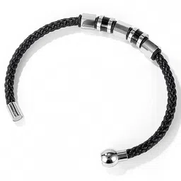 Peora Men Leather Silver-Plated Kada Bracelet image 4