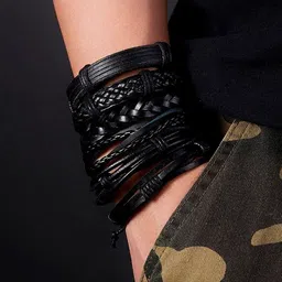 UNIVERSITY TRENDZ Unisex Pack Of 6 Black PU Leather Multistrand African Voguish Bracelet image 3