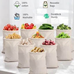 techsrmaji Cotton Storage Vegetable Bag, Fruit Bag for Fridge and Kitchen Reusable 3 Size Pack of 6 Grocery Bags image 3