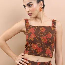 tokyo talkies Casual Shoulder Straps Floral Print Women Brown, Yellow, Orange Top-picture-12