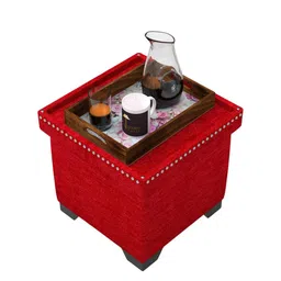 Wooden Twist Red Puffy Eccentric Ottoman Stool with Storage image 2