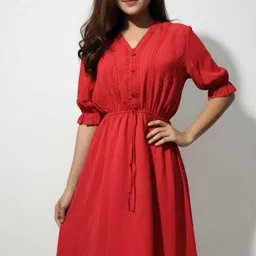 poshery reworked Women Fit and Flare Red Knee Length Dress-picture-10