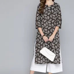 HERE&NOW Women Black & White Pure Cotton Ethnic Motifs Printed Straight Kurta-picture-21