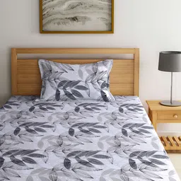 Arrabi Grey & White Floral 130 TC Single Bedsheet with 1 Pillow Covers image 5