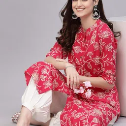 Stylum Red & White Floral Printed Mandarin Collar Kurta image 5