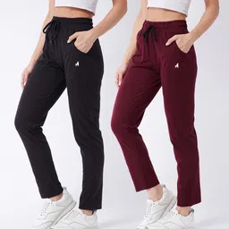 modeve Pack of 2 Women Solid Maroon, Black Track Pants-picture-11