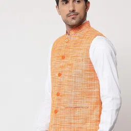 Vastraa Fusion Men Orange Woven Design Handloom Nehru Jacket image 2