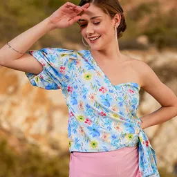 Athena Blue Floral Printed One Shoulder Wrap Top image 1