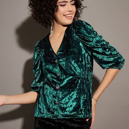 SASSAFRAS Green V-Neck Puff Sleeve Velvet Top image 1