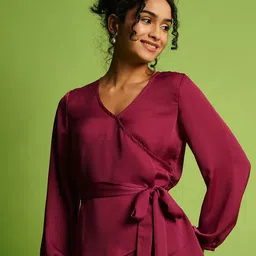 Globus Solid V-Neck Waist Tie-Ups Wrap Top-picture-56