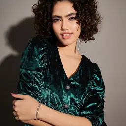 SASSAFRAS Green V-Neck Puff Sleeve Velvet Top image 2