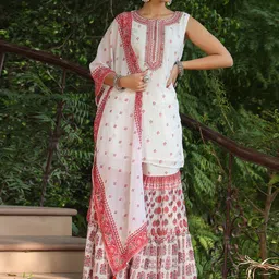 Juniper Women White & Maroon Foil Printed Kurta with Sharara & Dupatta image 1