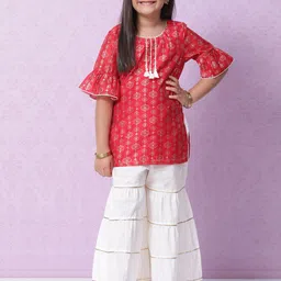 Biba Girls Red & Off-White Ethnic Motifs Printed Kurta with Sharara-picture-34