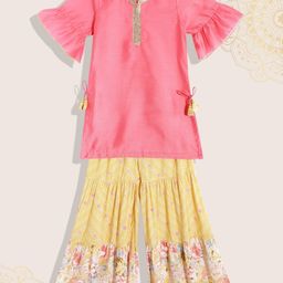 Biba Girls Pink & Yellow Solid Gotta Patti Detail Kurta with Sharara-picture-23