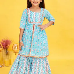 Maaikid Girls Blue Floral Printed Regular Gotta Patti Pure Cotton Kurta with Sharara-picture-29
