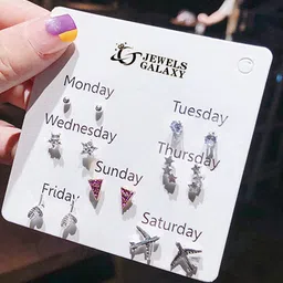 Jewels Galaxy Set Of 7 Silver Plated Crystals Studded Contemporary Studs Earrings image 2