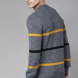 roadster Men Striped Round Neck Dark Blue Sweater image 5